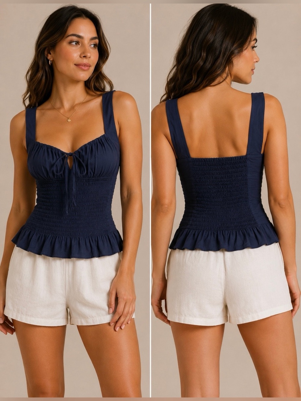 VENUS Navy Smocked Sweetheart Neckline Tank Top with Tie-Front & Ruffle Bottom
